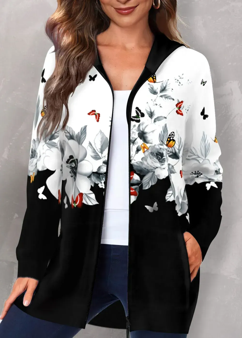 Multi Color Pocket Floral Print Long Sleeve Hooded Coat