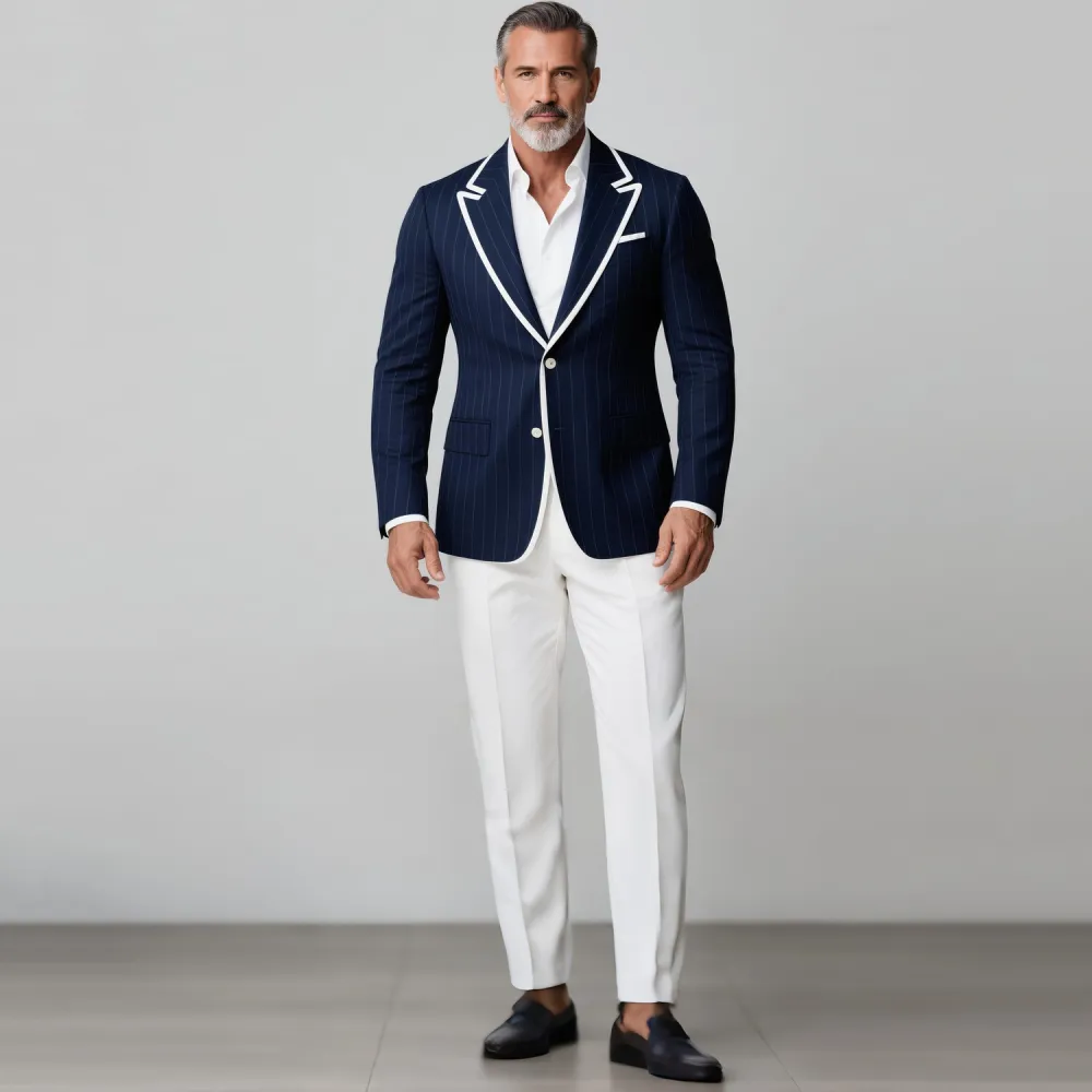 Men's Pinstriped Peak Lapel Two Button Contrast Binding Long Sleeve Blazer