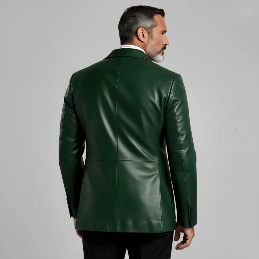 Men's Dark Green PU Leather Notched Lapel Single Breasted Flap Pockets Long Sleeve Blazer