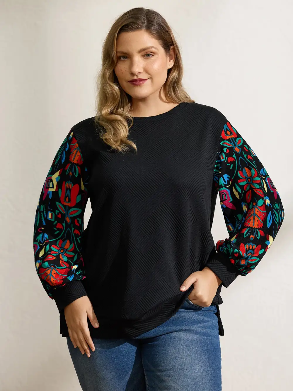 Floral Sleeve Drop Shoulder Textured Sweatshirt