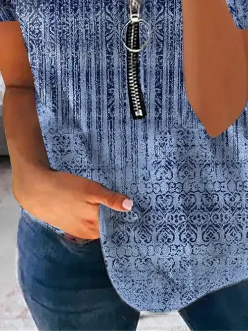 Women's Short Sleeve V-neck Graphic Printed Zipper Top