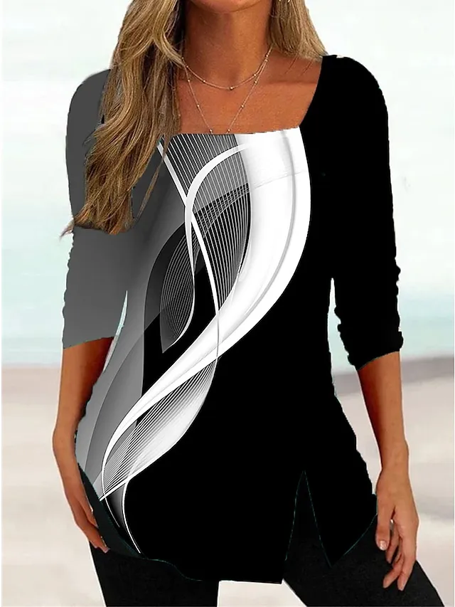 Women's T shirt Tee Black Blue Green Color Gradient Print 3/4 Length Sleeve Daily Weekend Basic Square Neck Regular Painting S