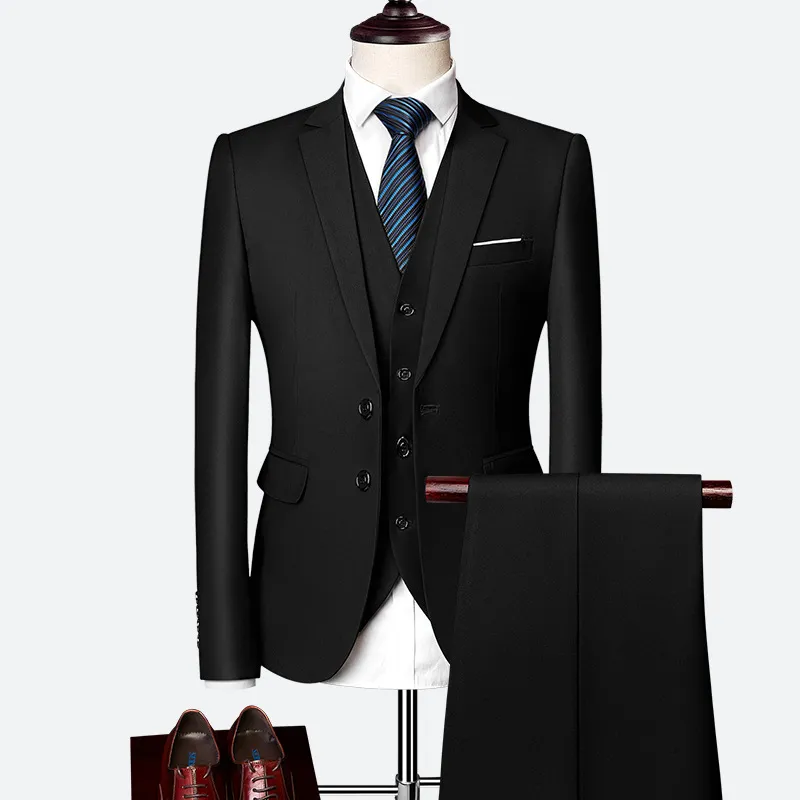 Men's Business Solid Single Breasted Pocket Lapel Collar Lapel Blazer & Vest & Pants 3Pcs Set
