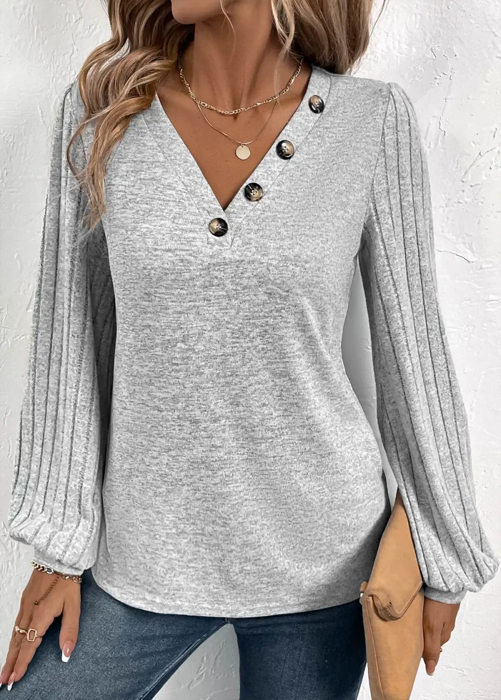 Light Grey Button Long Sleeve V Neck T Shirt