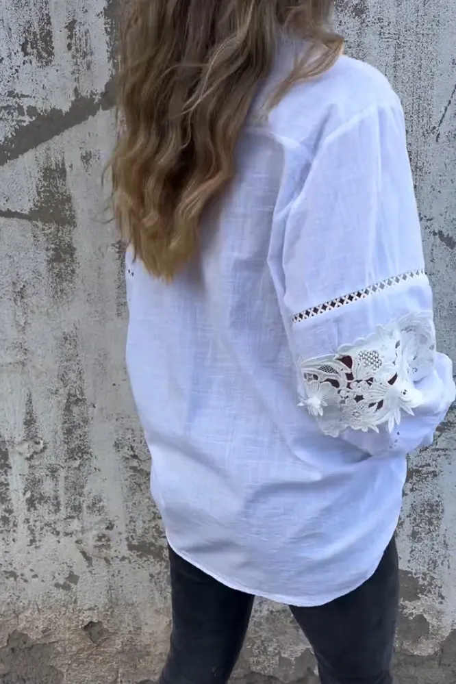 Women's Cotton And Linen Hollow Flower Pattern Shirt