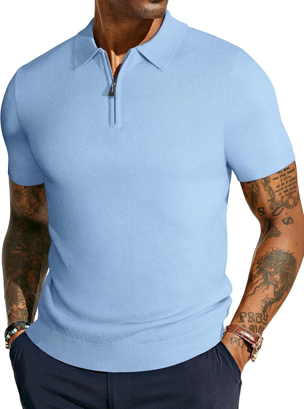 Men's Zipper Polo Shirt Textured Casual Knit Short Sleeve Polo T Shirt