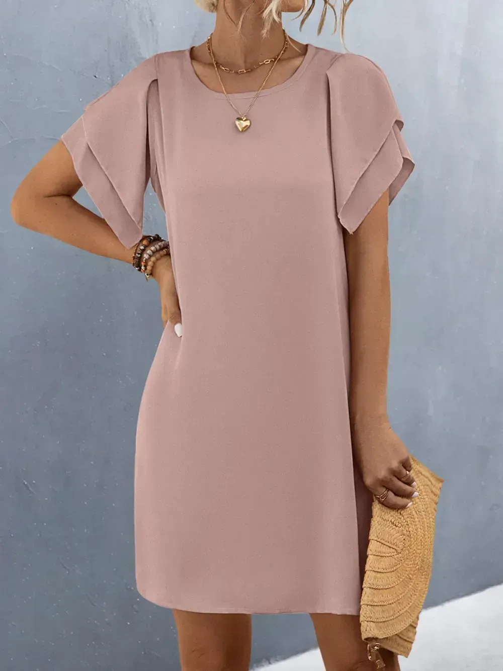 Women Plain Crew Neck Short Sleeve Comfy Casual Short Dress