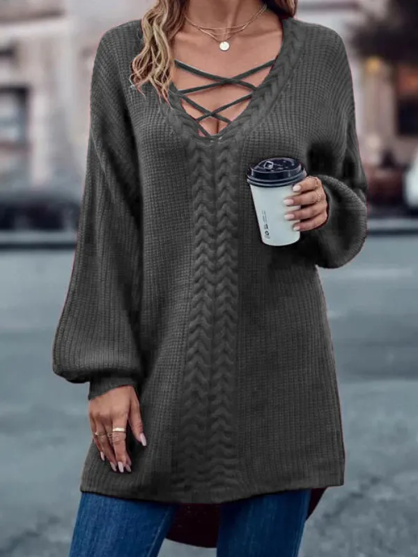 Cotton Crisscross Drop Shoulder Curved Hem Sweater