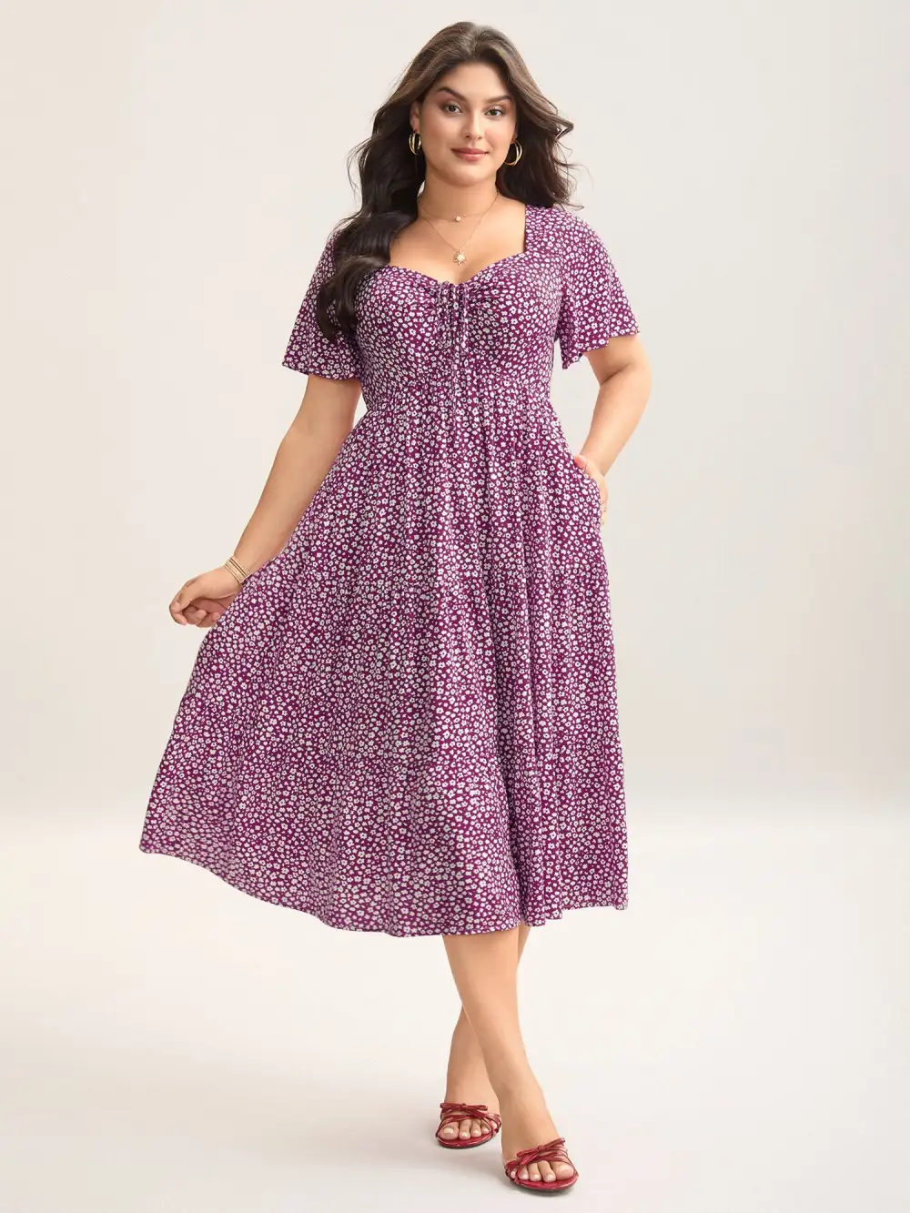 Ditsy Floral Sweetheart Drawstring Pocket Tiered Dress