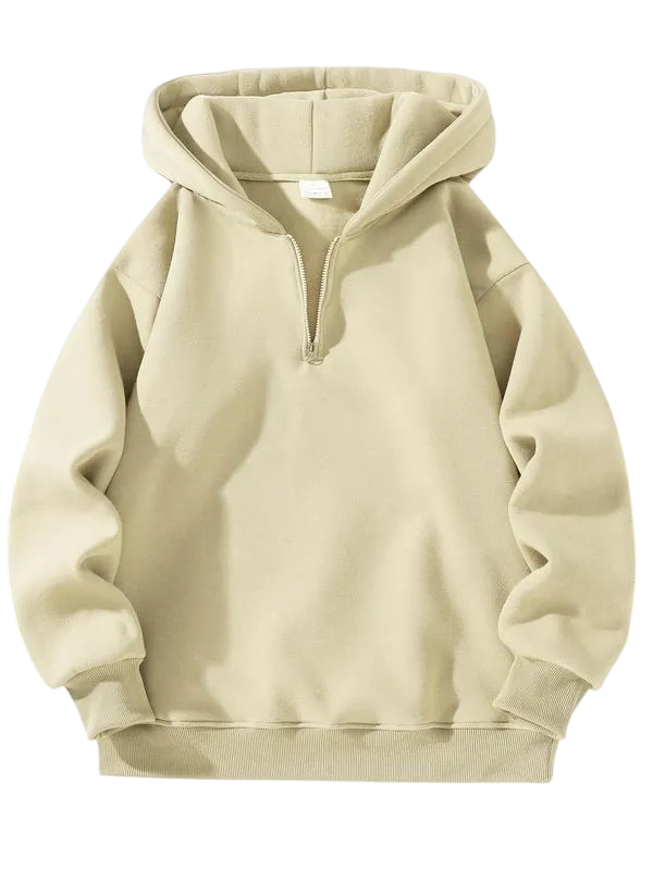 Men's half-zip hoodie: plain, drop shoulder, regular/relaxed fit, long-sleeve fleece