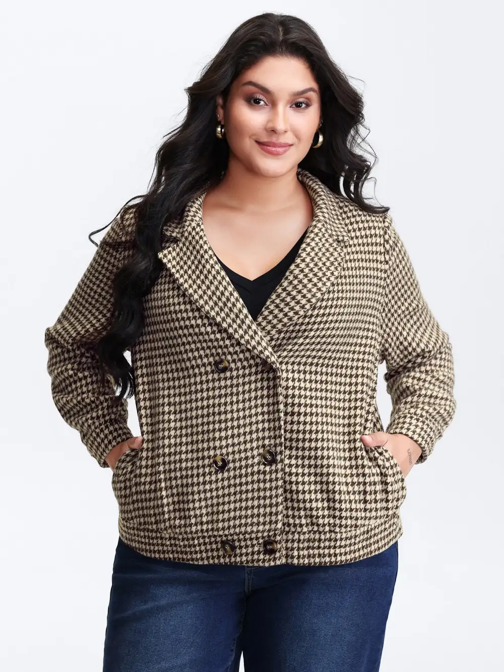 Houndstooth Fleece Pockets Button Jacket