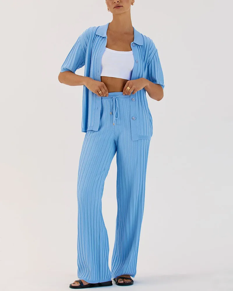 Blue Lapel Button Knit Two-Piece Set