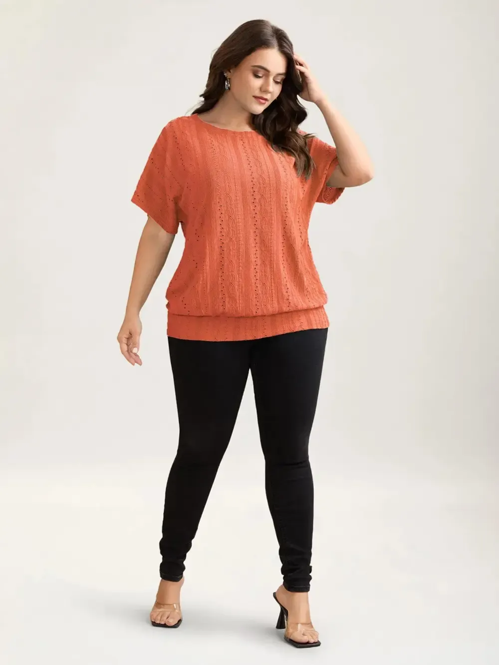 Eyelet Trim Stretchy Textured Plain Top