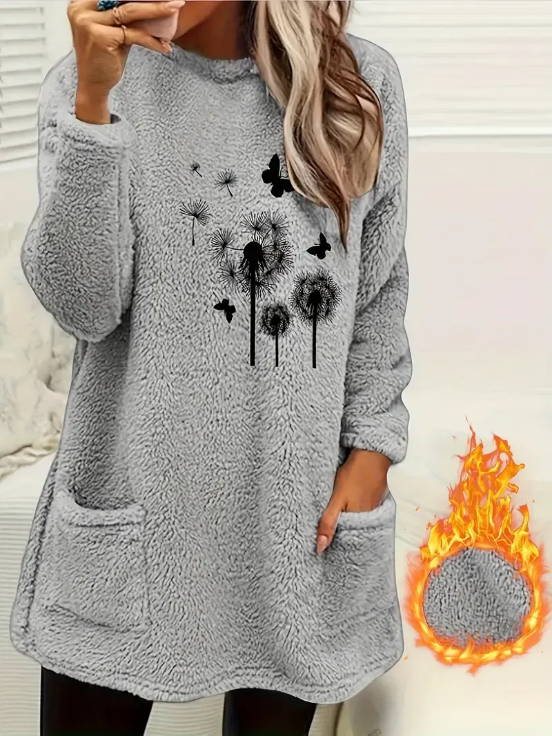Chic & Cozy Dandelion-Butterfly Print Crew Neck Sweatshirt - Casual, Warm Winter Essential with Pocket