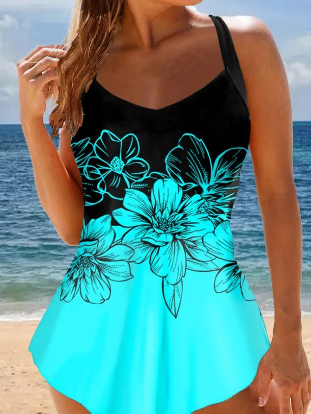 Floral Vacation V Neck Swim Dress