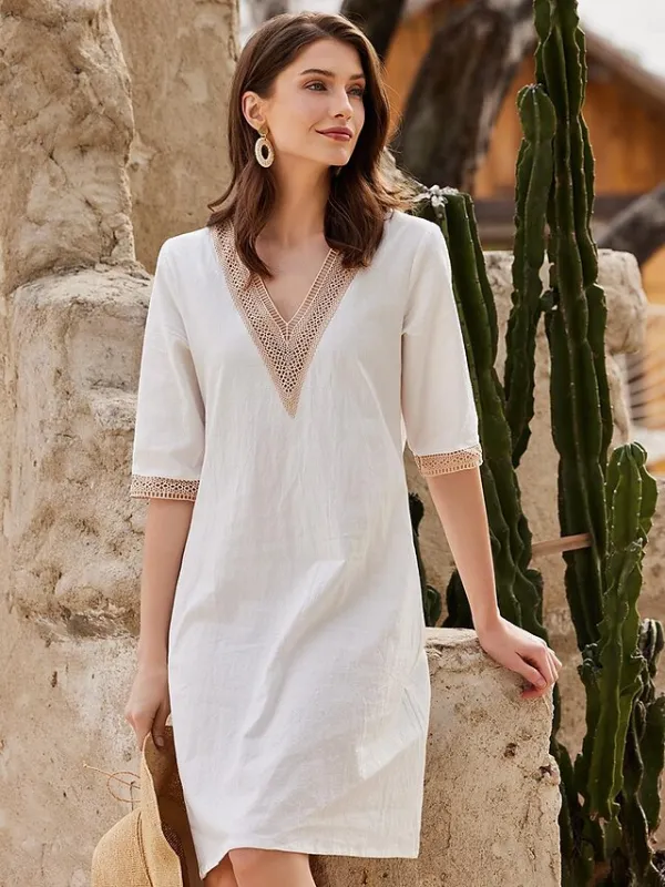 Women's Cotton Linen Shift Midi Dress V Neck Half Sleeve Patchwork Regular Fit Casual Outdoor Vacation Summer Spring White Khaki Gray Plain