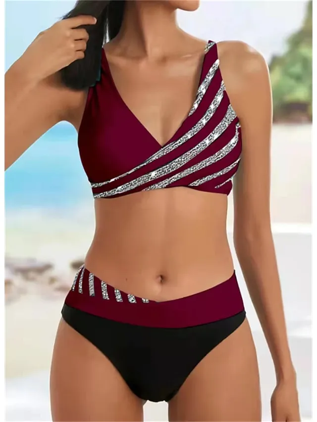 Women's Swimwear Bikini 2 Piece Normal Swimsuit Backless 2 Piece Push Up Sexy Printing Leaf Striped Black Light Green Wine Lavender Purple V Wire Bathing Suits New Vacation Stylish