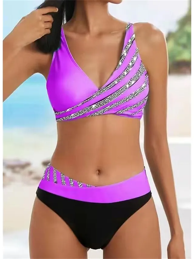 Women's Swimwear Bikini 2 Piece Normal Swimsuit Backless 2 Piece Push Up Sexy Printing Leaf Striped Black Light Green Wine Lavender Purple V Wire Bathing Suits New Vacation Stylish