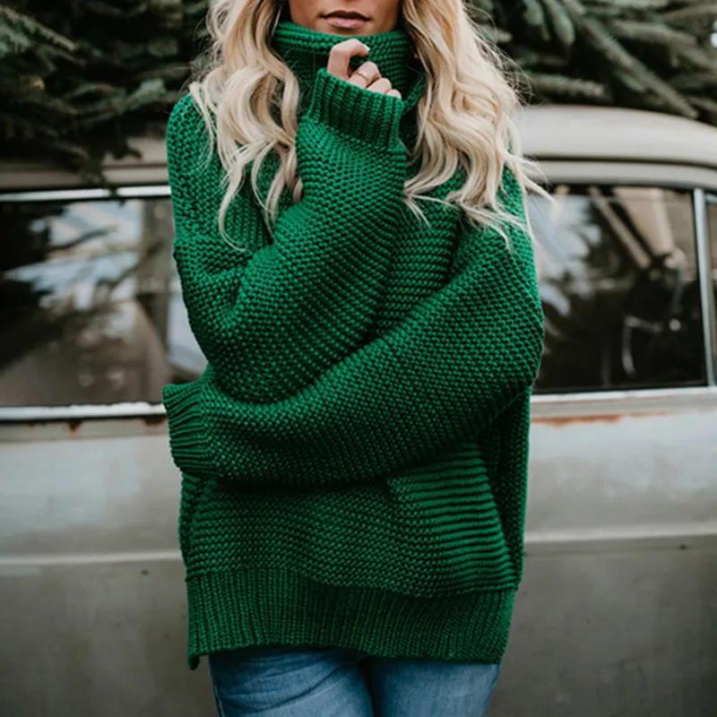 Solid Color High Neck Pullover Knitted Sweater
