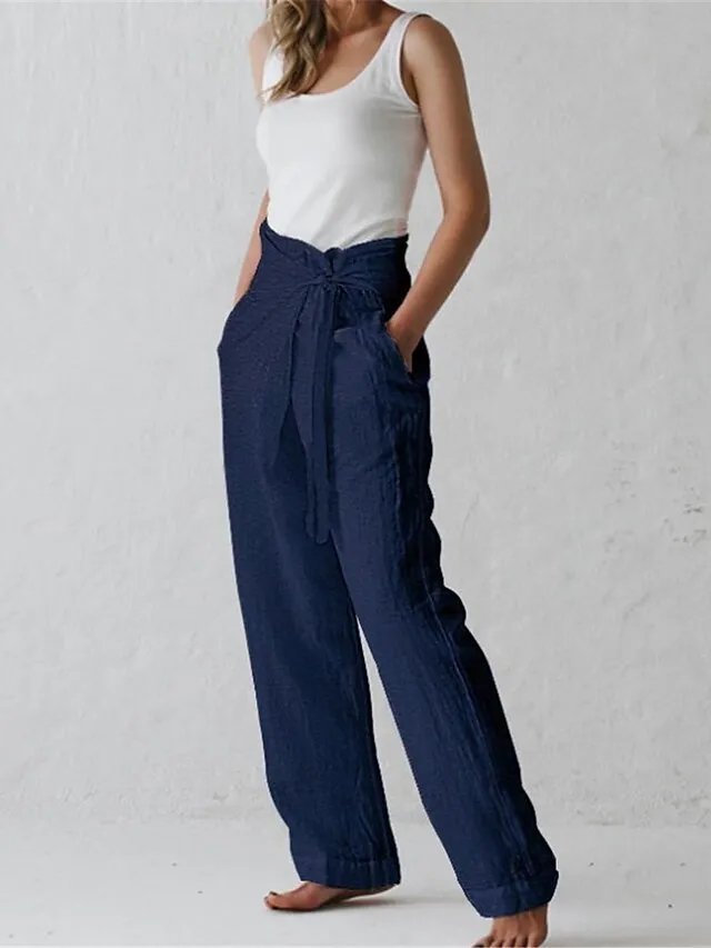 Women's Loungewear Pants Regular Fit Solid Color Fashion Simple Casual Street Linen Breathable Straight Leg Trousers with Pockets Elastic Waistband Self Tie Knot Summer Spring Black White
