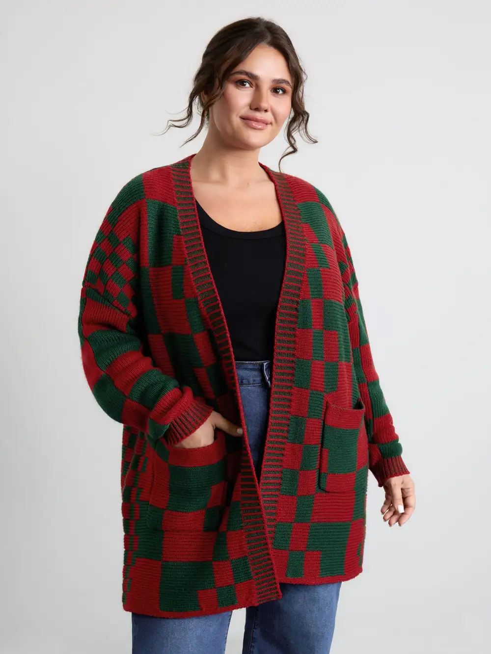 Holiday Checkered Open-Front Knit Cardigan