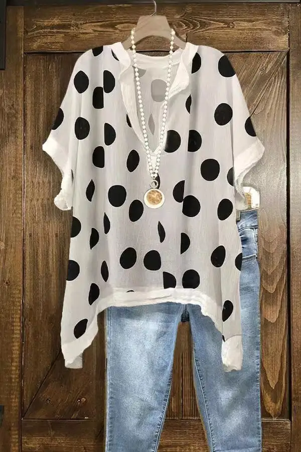 Polka Dot Print Short Sleeve V-Neck T-Shirt