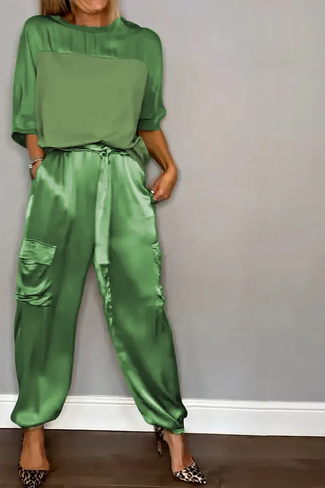 Women's Smooth Satin Half-sleeved Top and Pant Suit Two-piece