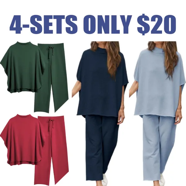 Women’s 2-Piece Lounge Set, Batwing Sleeve Pullover Top & Wide Leg Pants, Travel Outfit