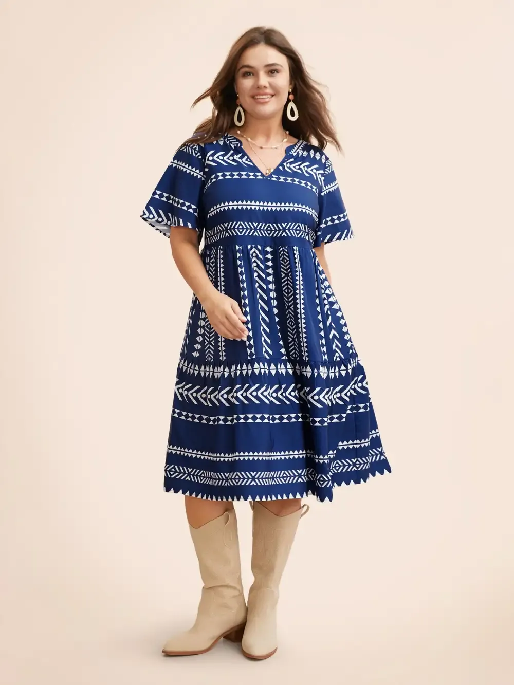 Bandana Geometric Ruffle Sleeve Babydoll Dress