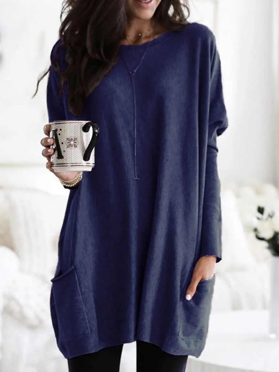 Casual Pocket Long Sleeve Round Neck T-Shirt