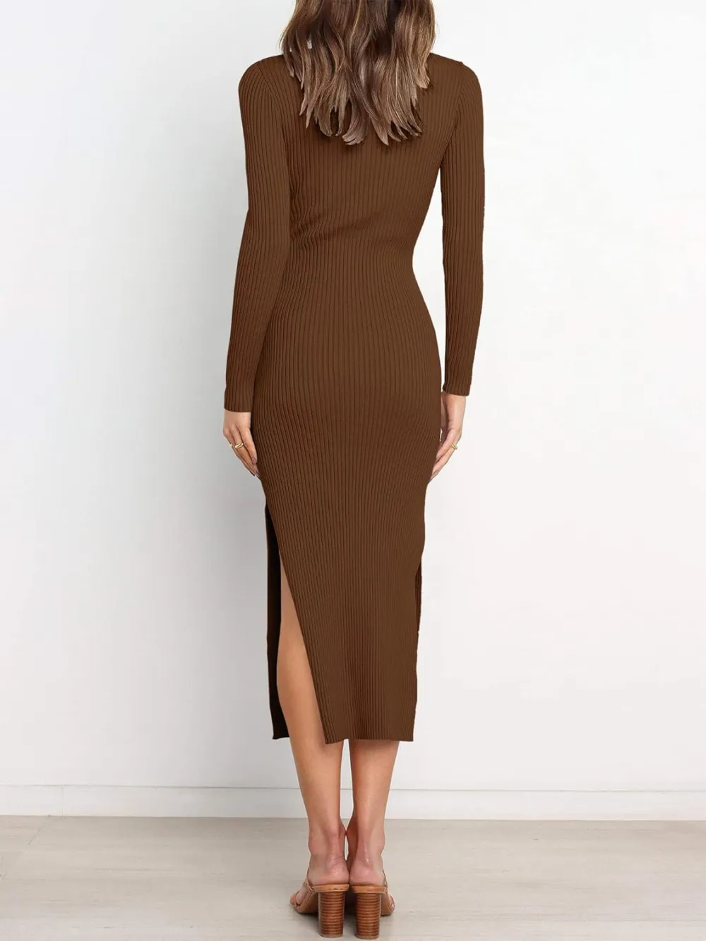Long Sleeve Sweater Dress Crew Neck Slim Fit Slit Tie Waist 2024 Ribbed Knit Bodycon Midi Dress Fall Outfits