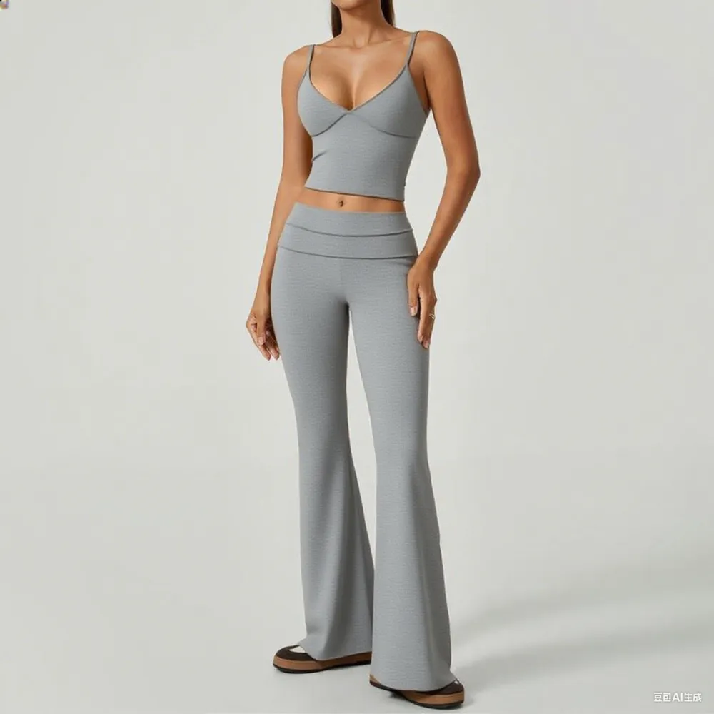 Women's 2-Piece Deep V Crop Cami & Flared Pants Set: Back Hollow-Out, Butt-Lifting, for Yoga/Gym, Athletic Activewear