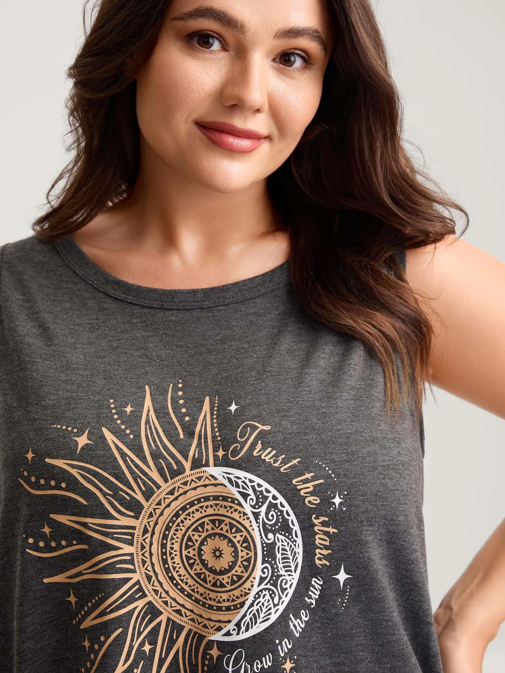 Star & Moon Print Solid Tank Top
