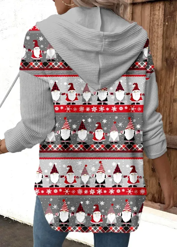Grey Drawstring Christmas Print Long Sleeve Hoodie