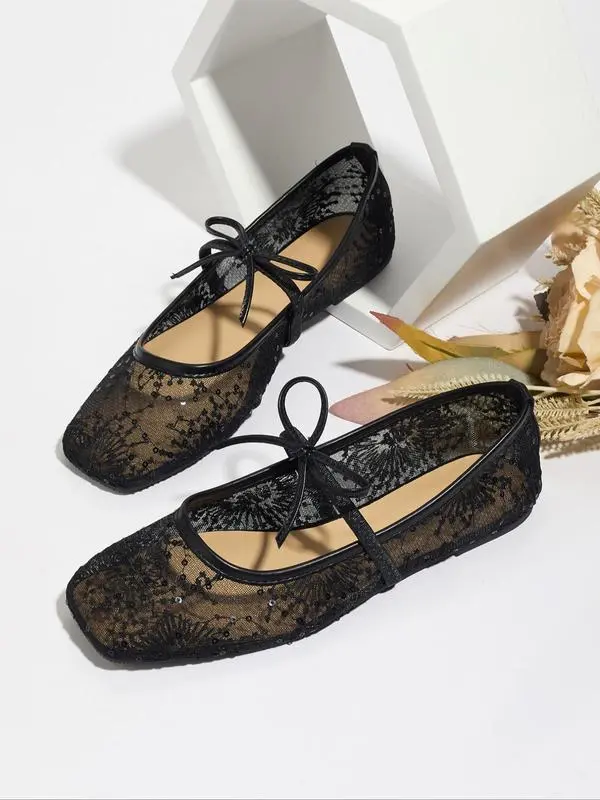 Women's Elegant Lace Mesh Ballet Flats – Square Toe, Lightweight & Breathable