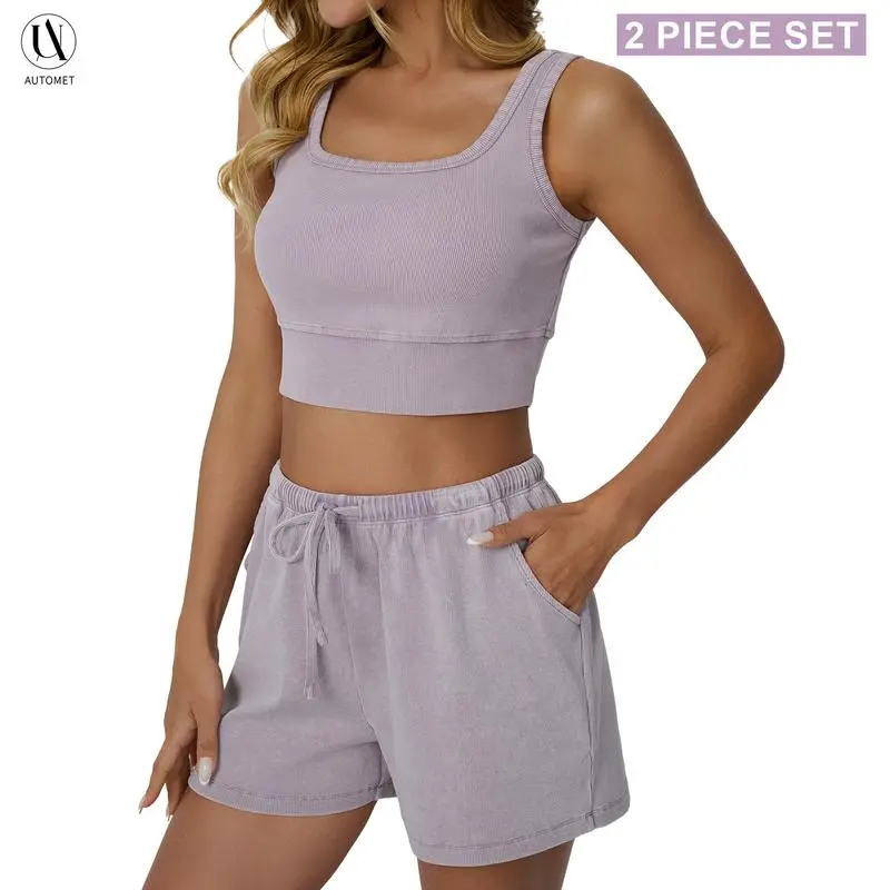 Women's Acid Wash Lounge Set – Tank Top & Shorts, Y2K Style, Easy Care No Detergent Needed