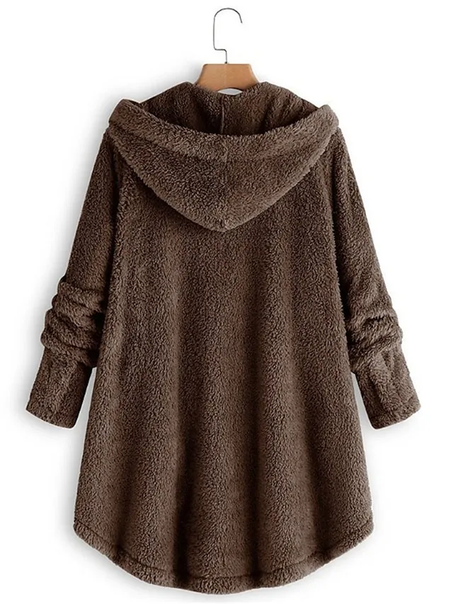 Women's Teddy Coat Fleece Sherpa Jacket with Hood Teddy Bear Jacket Windproof Warm Winter Coat Comtemporary Stylish Plush Jacket Long Sleeve Leopard Black Pink Wine