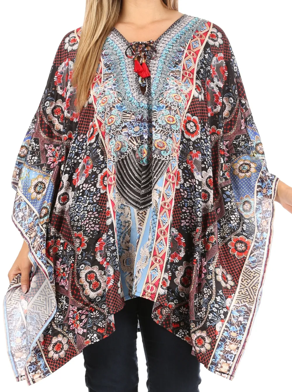 Women's Caftan Poncho Cover up V neck Top Lace up With Rhinestone