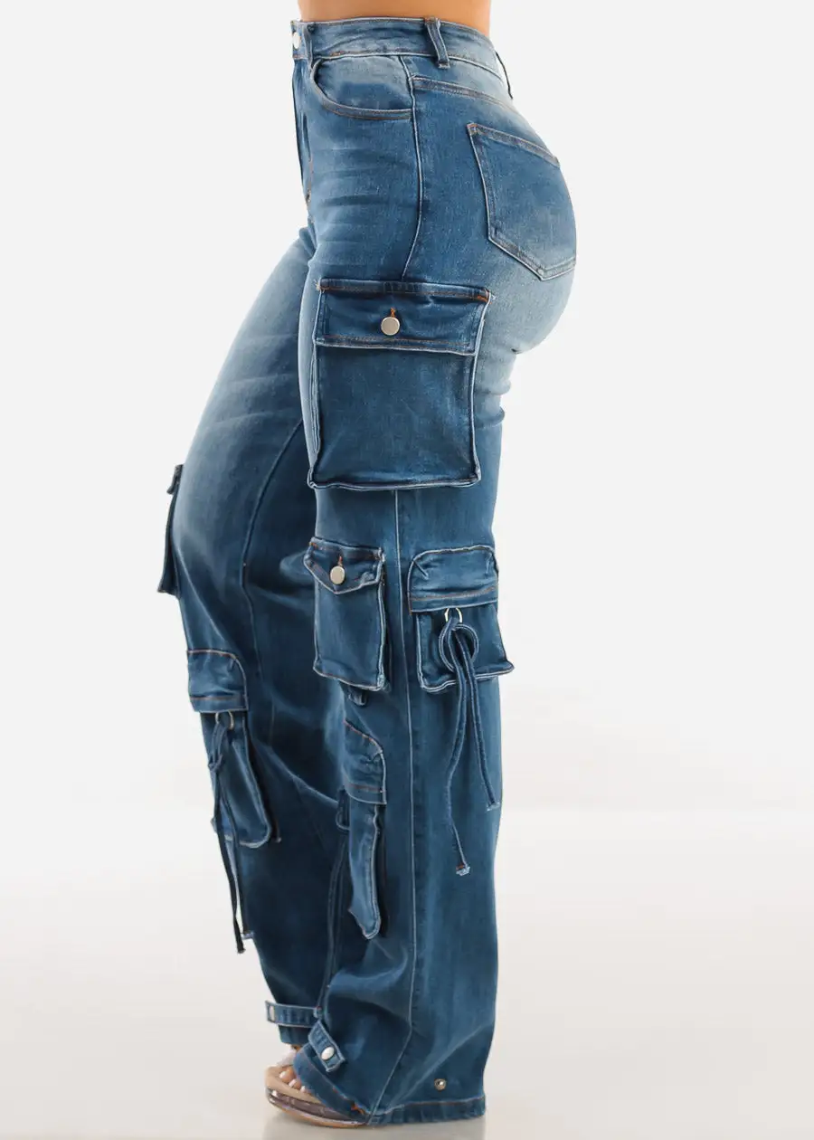 High Waisted Cargo Denim Jeans Med Wash