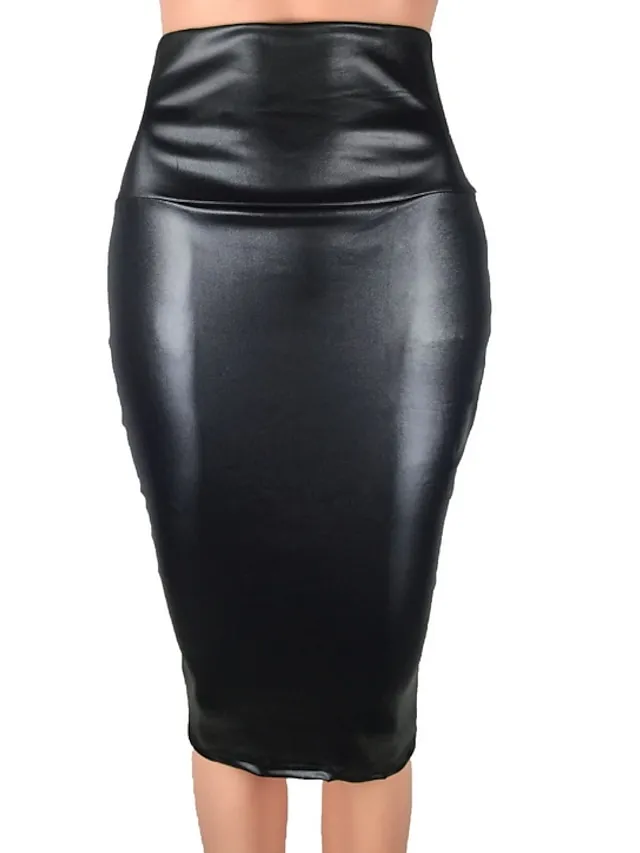 Women's Pencil Bodycon Midi Faux Leather Black Wine Blue Brown Skirts Spring & Fall Mid Waist Basic Daily Wear S M L