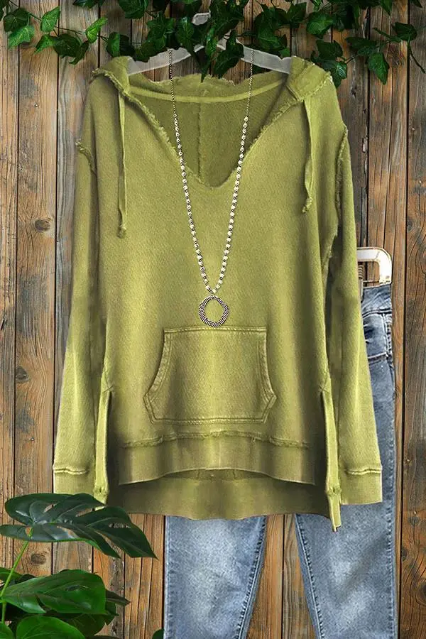 Casual V-neck Frayed Pocket Design Hoodie Top