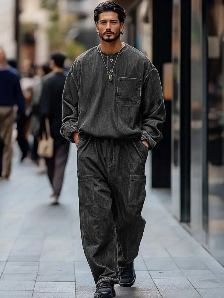 Vintage-Inspired Denim Cargo 2-Piece Set