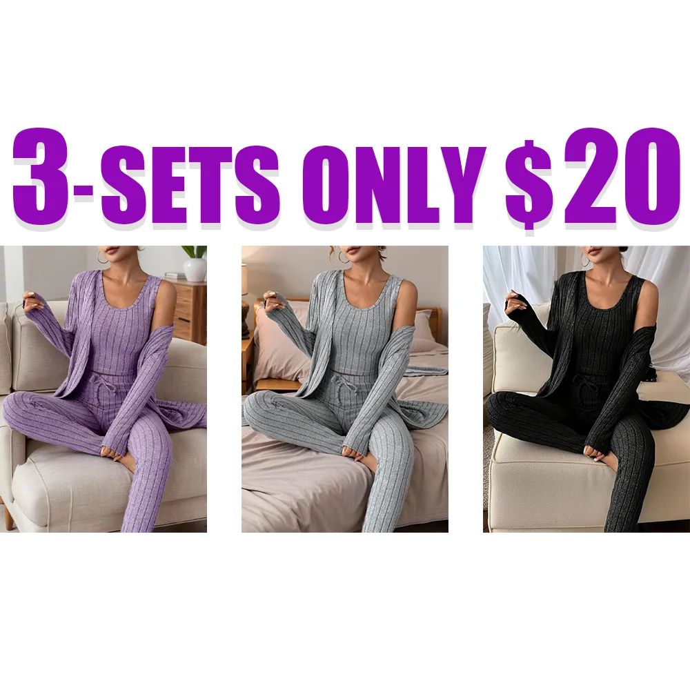 Women’s Ribbed Loungewear Set – 3-Piece Casual Sleepwear