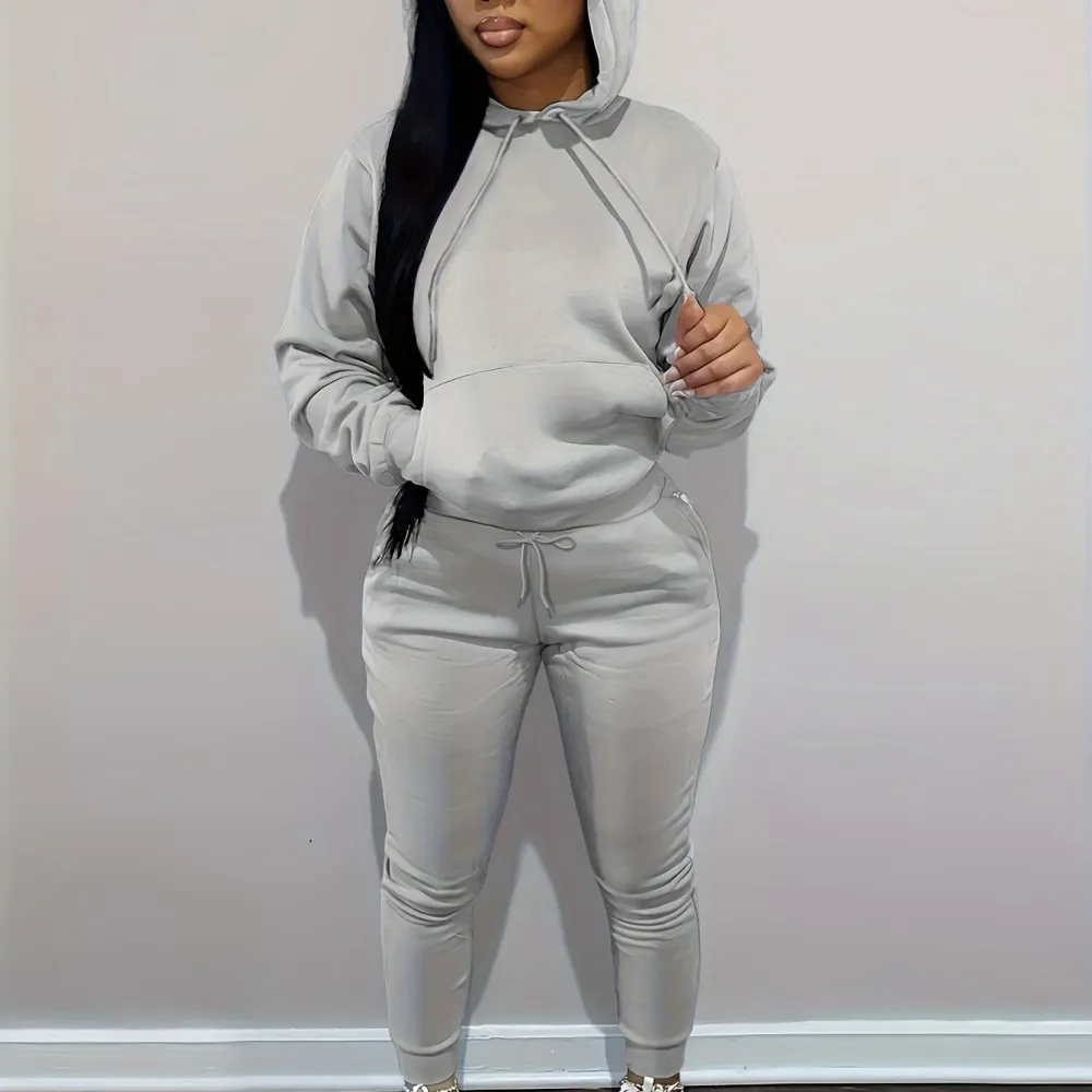 Womens Comfort-fit Drawstring Hoodie & Loose Sweatpants Set - Stylish Two-Piece Pantsuit with Handy Pockets - Versatile Casual Wear for Everyday Style