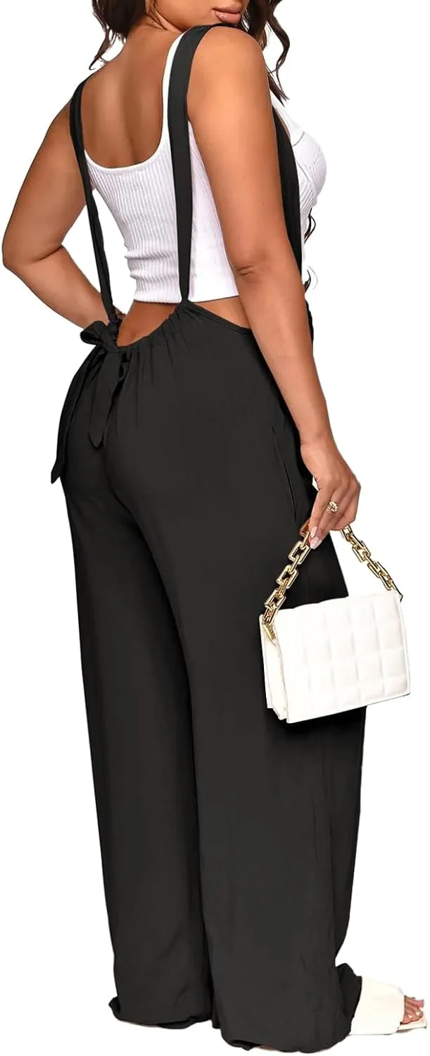 Womens Jumpsuit Casual Loose Sleeveless Adjustable Spaghetti Straps Wide Leg Pants Baggy Overalls With Pockets
