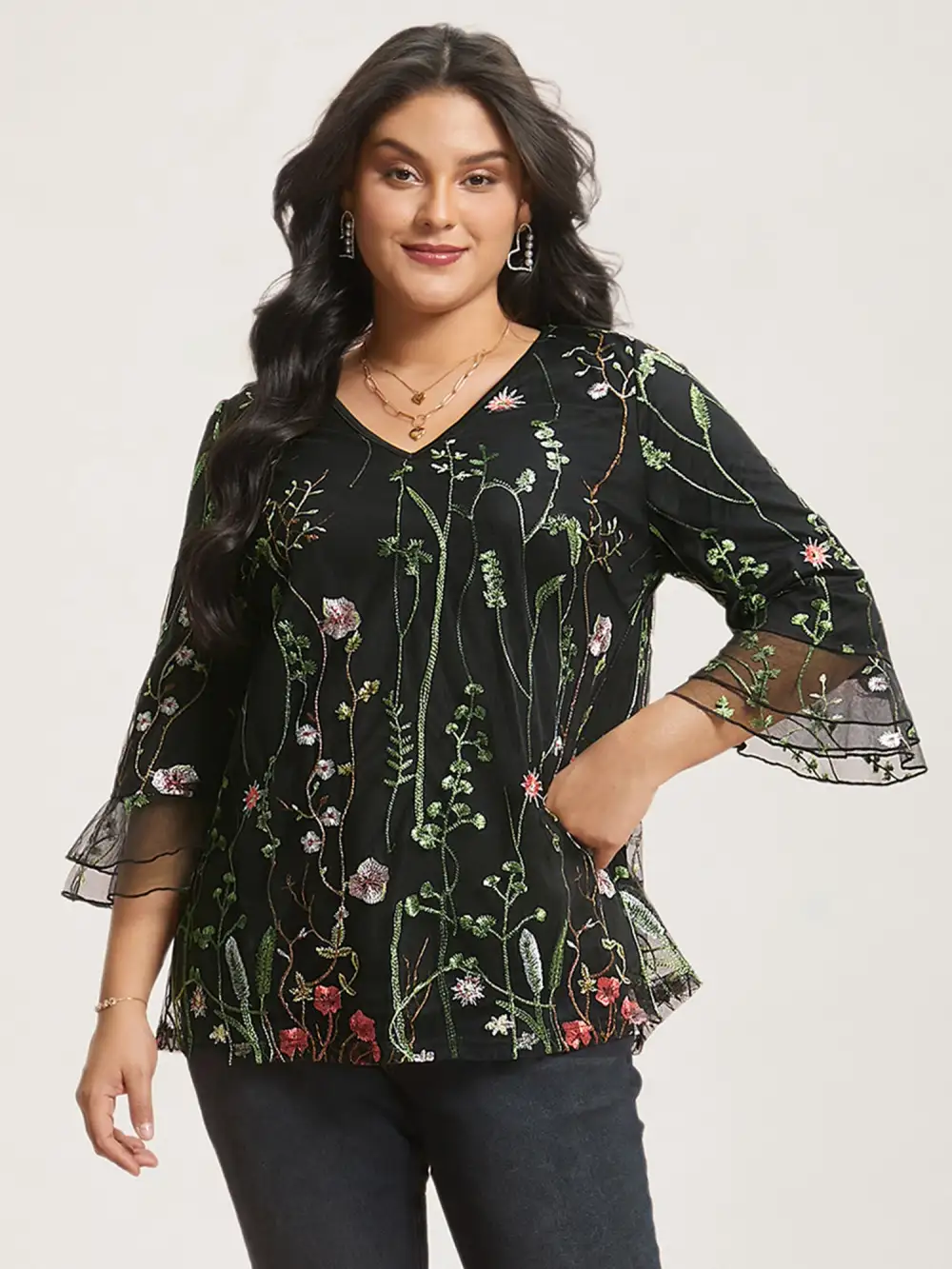 Embroidered Mesh Lotus Leaf Sleeve Blouse