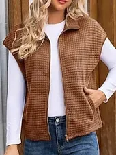 Women's Sweater Sweater Vest Streetwear Casual Solid Color Shirt Collar Zipper Pocket Knitted Sleeveless Regular Tops Knit Daily Holiday Going out Black White Fall Winter