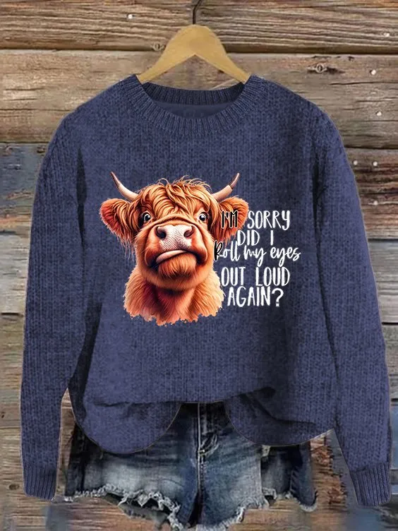 Women's Highland Cow Print Knitted Crew Neck Sweater