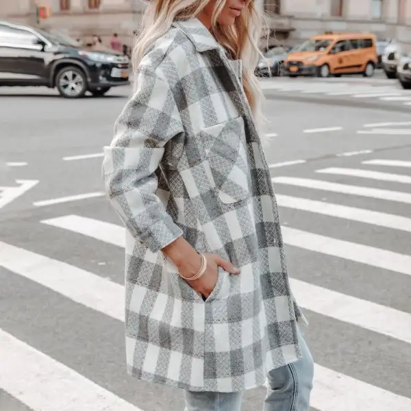 Lapel plaid pocket winter coat