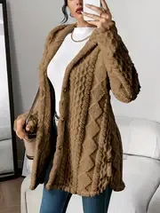 Elegant Beige Quilted Faux Fur Hooded Cardigan